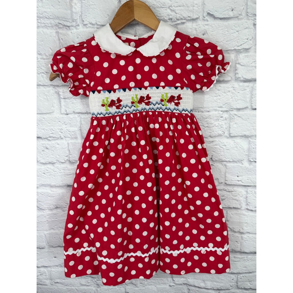 Marmellata Girls Red Polka Dot Smocked Dress Crab Peter Pan Collar Size 5